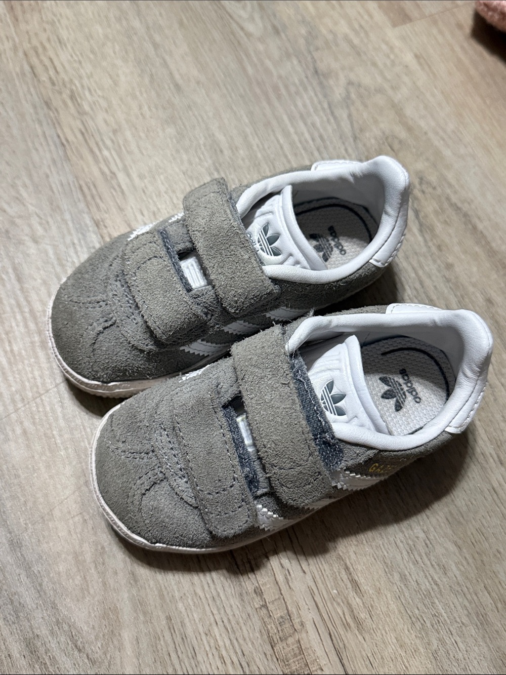 adidas Kids Gray Suede Velcro Sneakers with White Accents